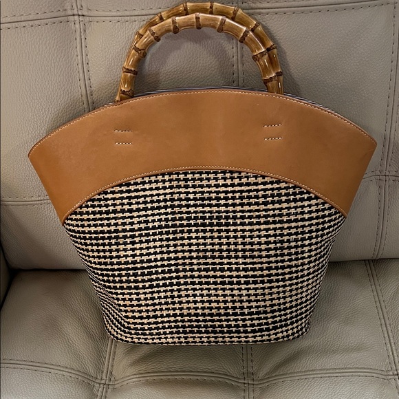 J McLaughlin Elpis Woven Straw Handbag Bamboo Handles Leather Upper Trim. - Picture 7 of 13